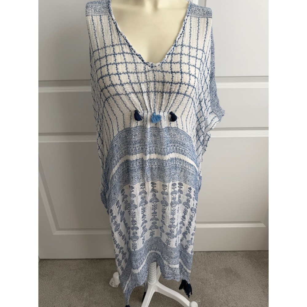 Lula Soul Blue White Block Print Tassel Kaftan Dress Medium Boho Beach Coverup
